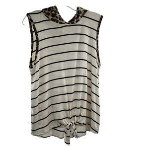 7th Ray Sleeveless Knotted Hem Striped Top Leopard Print Hood Size Medium